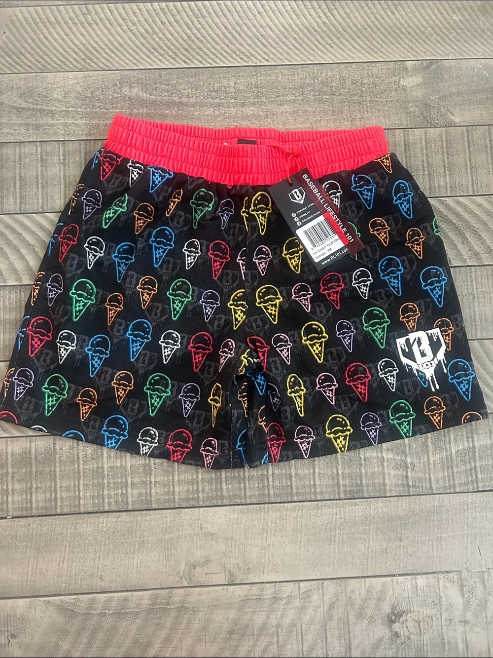 Kids Black Ice Cream Print Shorts with Red Elastic Waistband - Picture 1 of 1